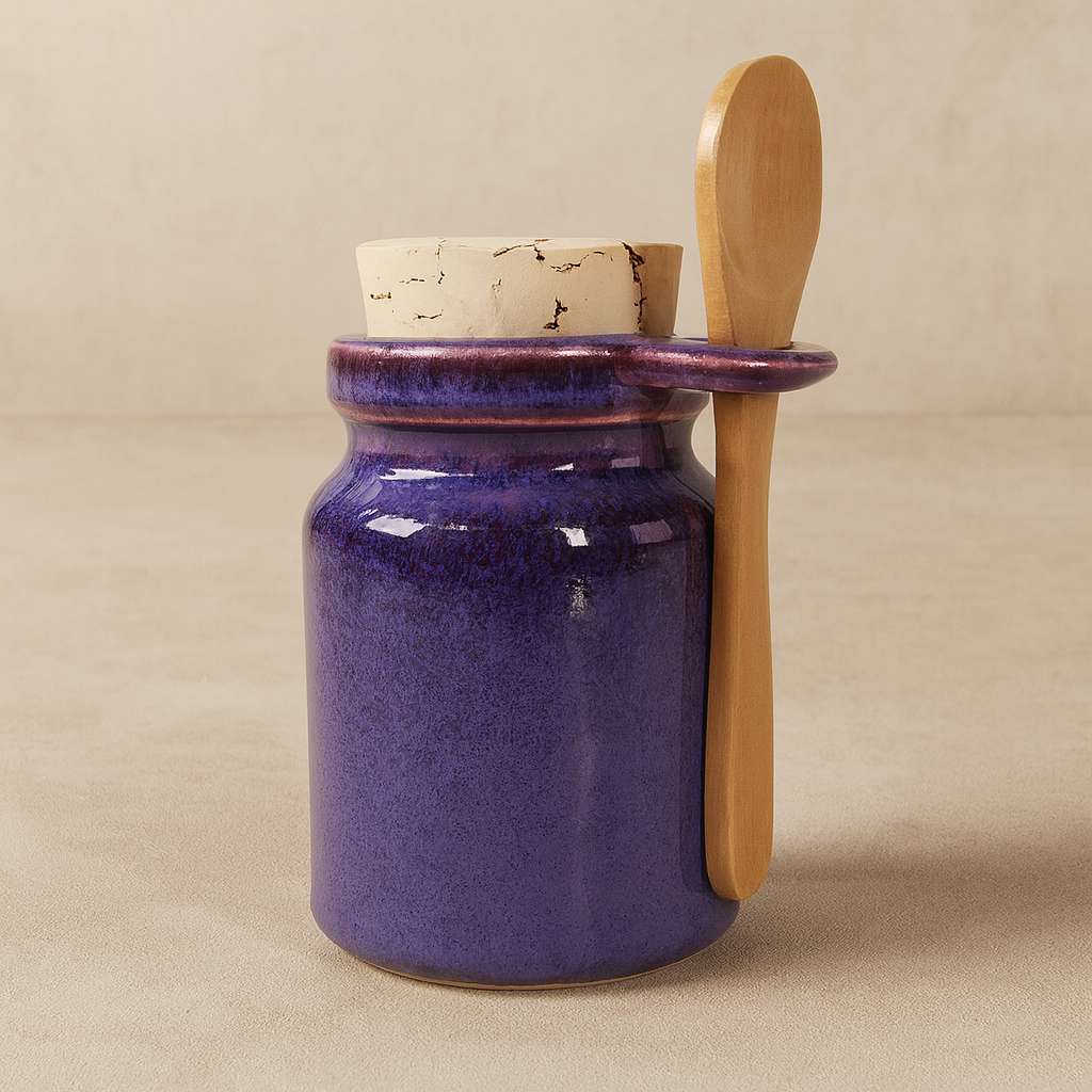 Purple ceramic jar with a wooden spoon.