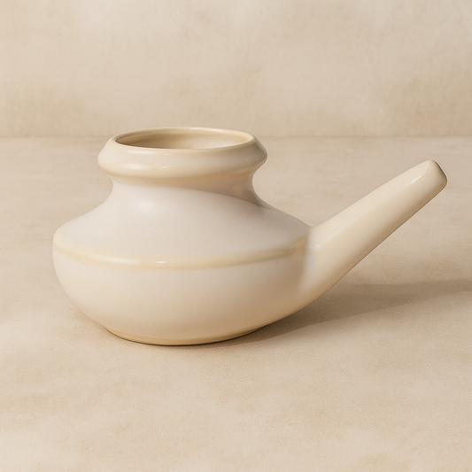 Child size Beige ceramic neti pot.