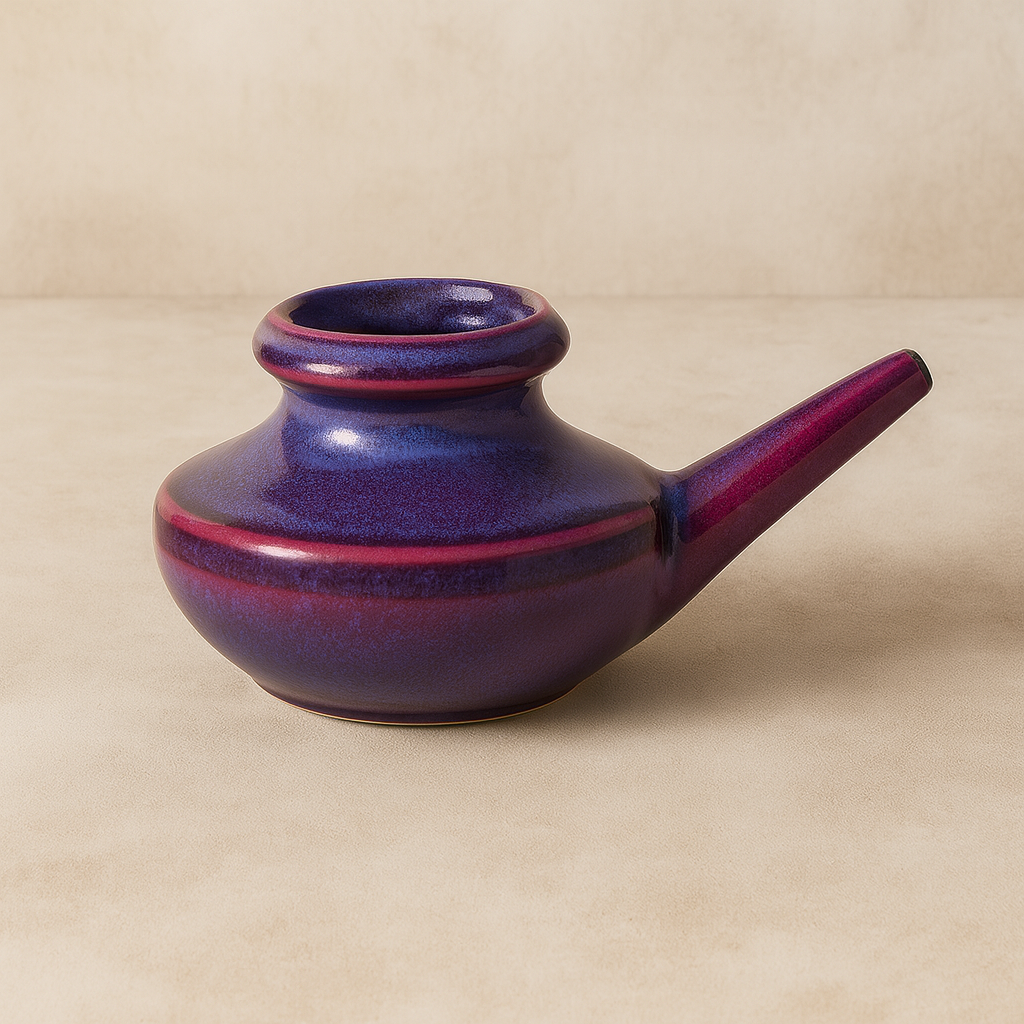 Adult size purple ceramic neti pot.