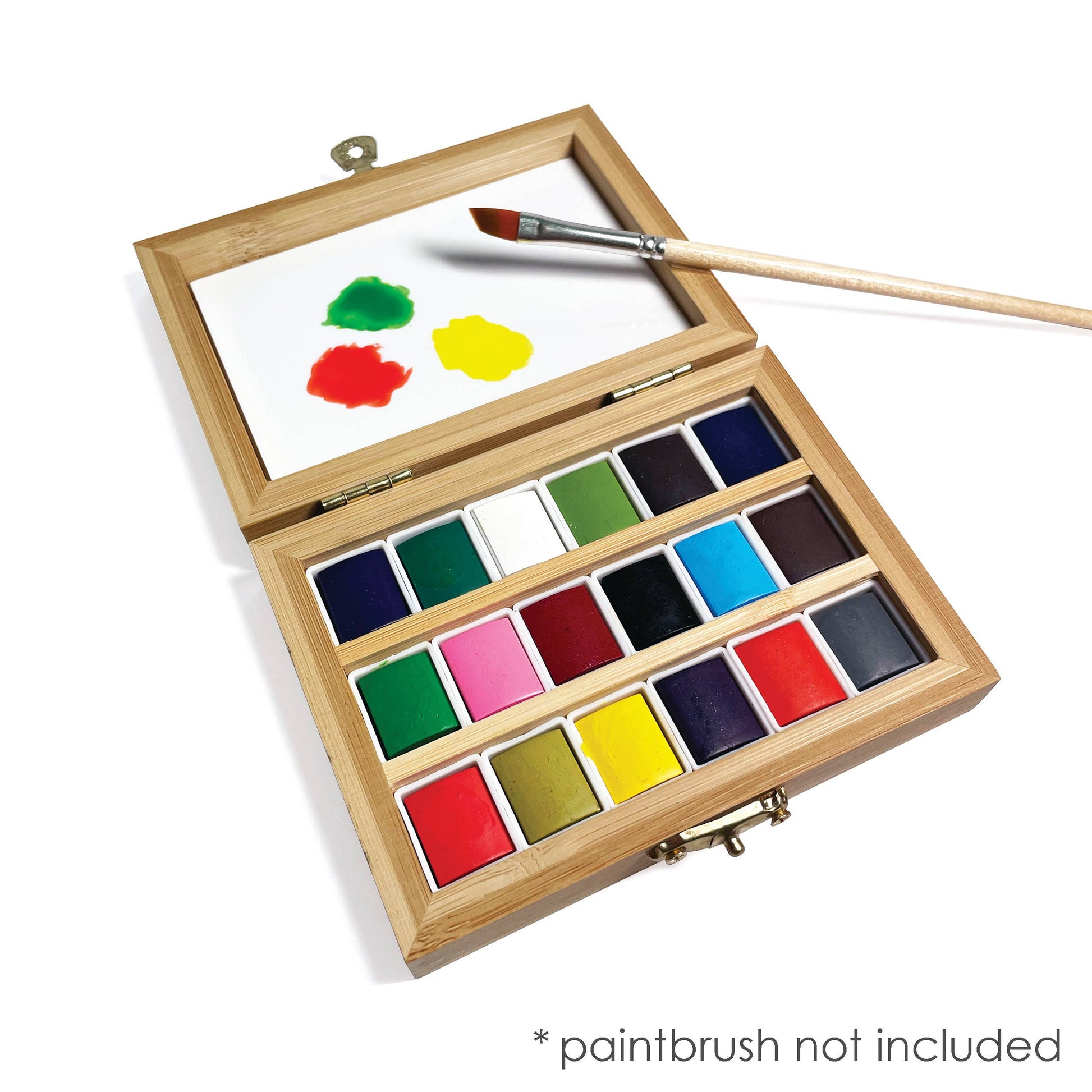 A wooden watercolor paint set.