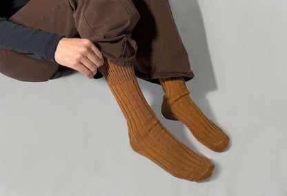 Climate beneficial Homespun caramel socks.