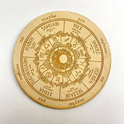 A mini wooden wheel of the year.