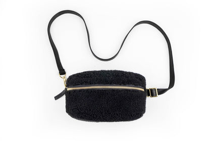 Sheepskin with a leather strap black bum bag.