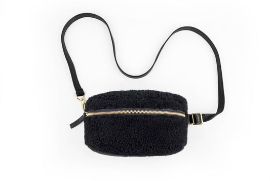 Sheepskin with a leather strap black bum bag.