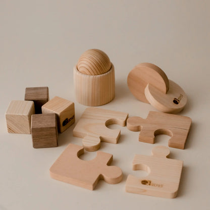 A wooden montessori play set. 