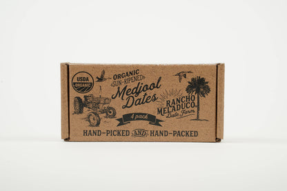 A box of Rancho Meladeco organic sun-dried dates.