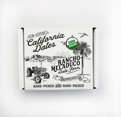 Box of Rancho Meladuco California dates with USDA Organic label.