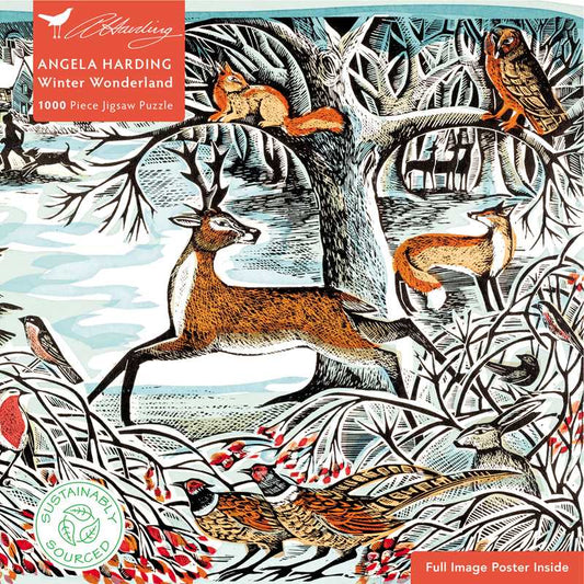 A jigsaw puzzle with a winter wonderland design.