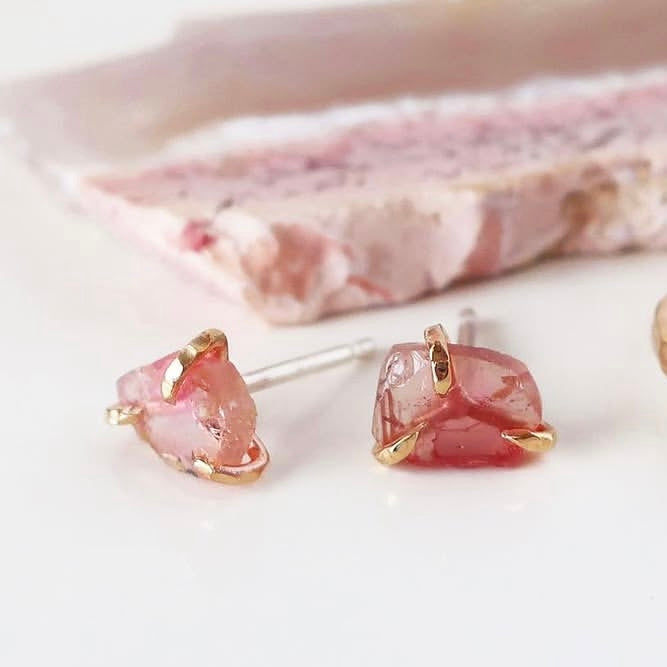 made with Recycled metals pink tourmaline gemstone studs with 10K gold prongs. 