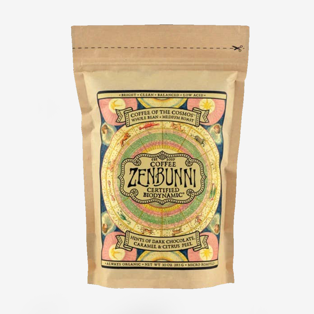 Fair-trade biodynamic Zenbunni coffee.